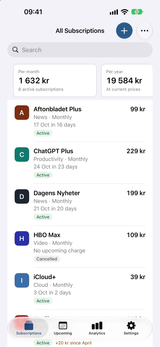 The list of subscriptions with the monthly total