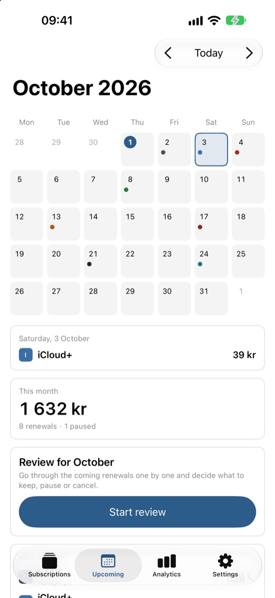 The calendar of upcoming charges