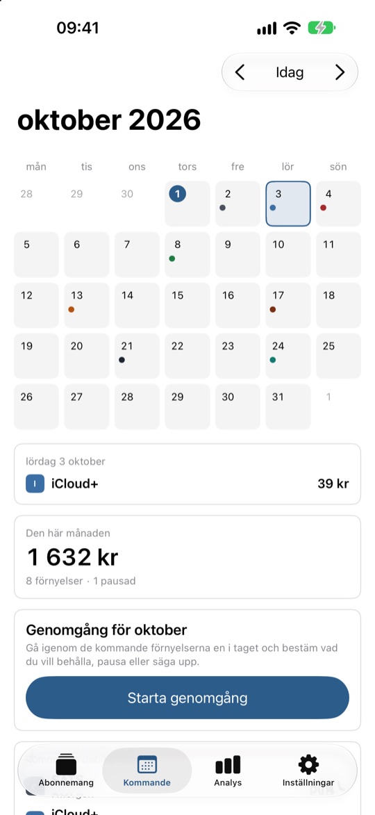 Kalendern över kommande debiteringar